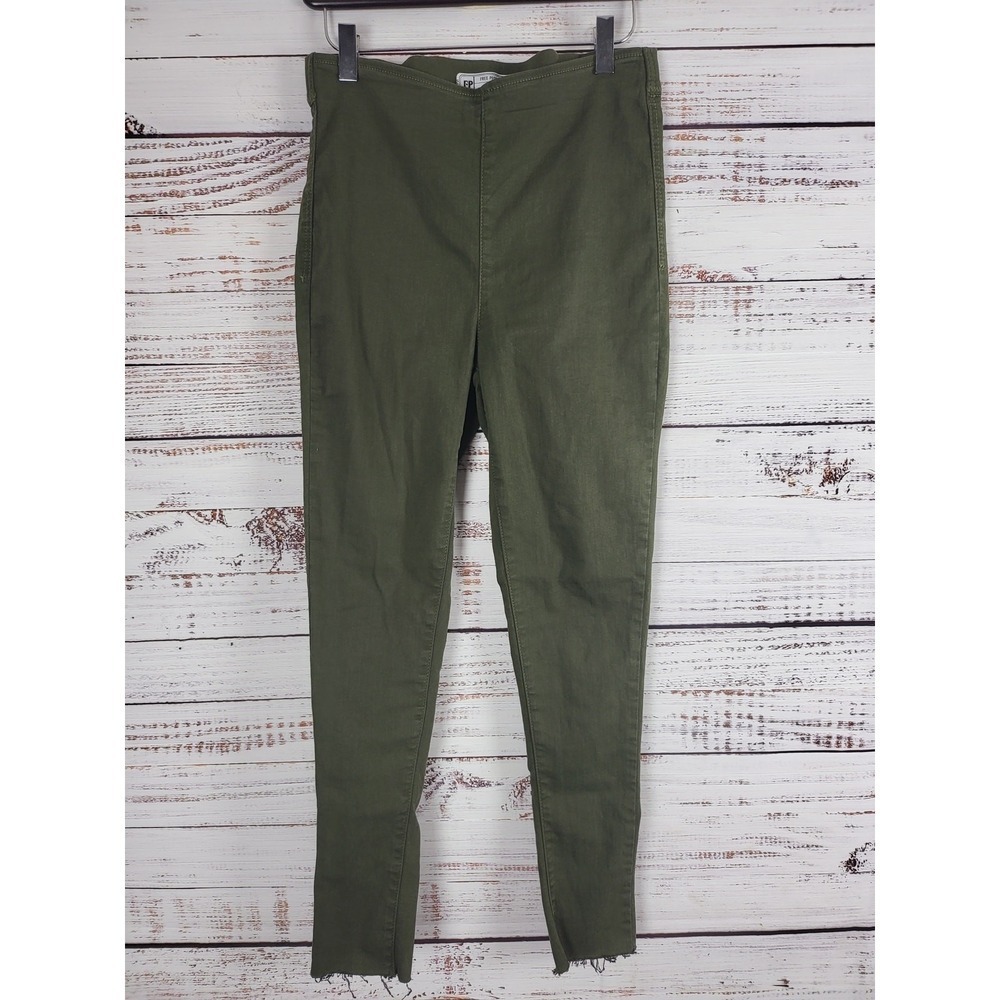 Free People Pull On Jeans 29 Womens‎ Olive Green Skinny Leg Raw Hem Stretchy